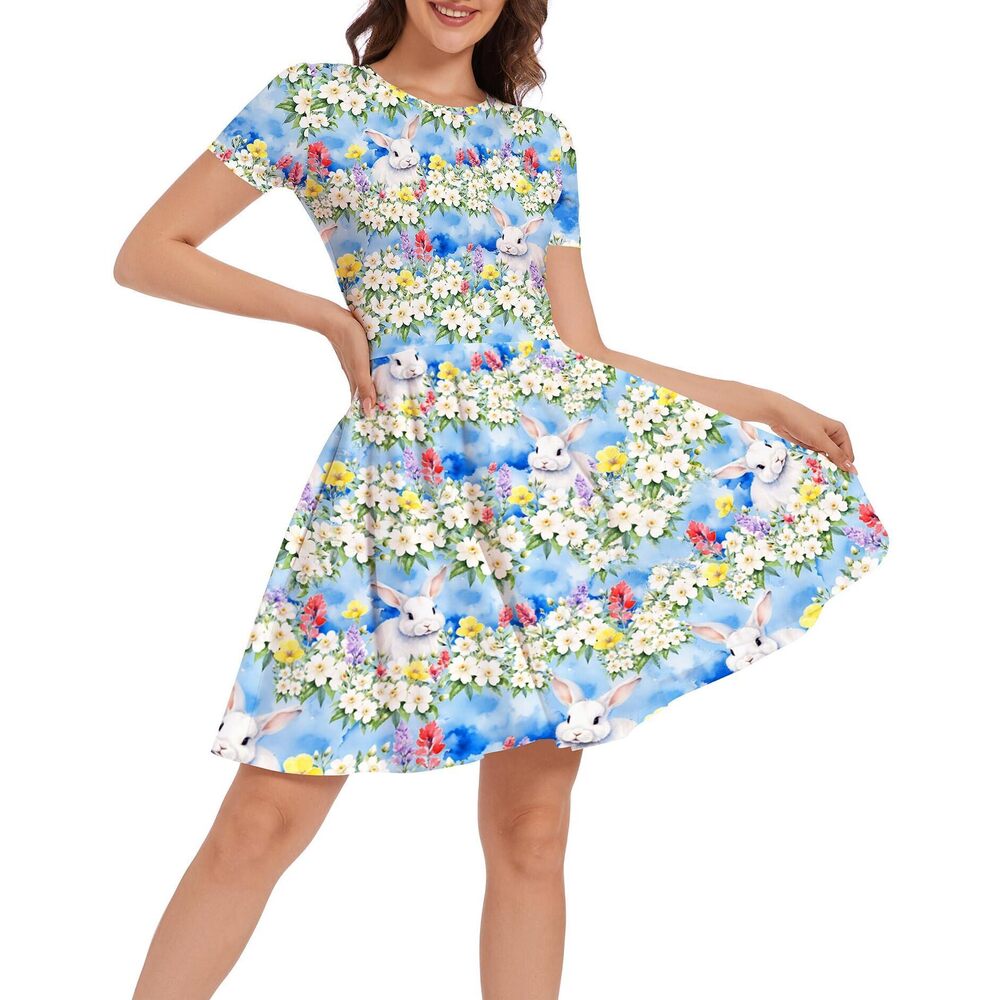 7579 Easter Dresses Cute Floral Dress Short Sleeve Easter Outfit 3D Print